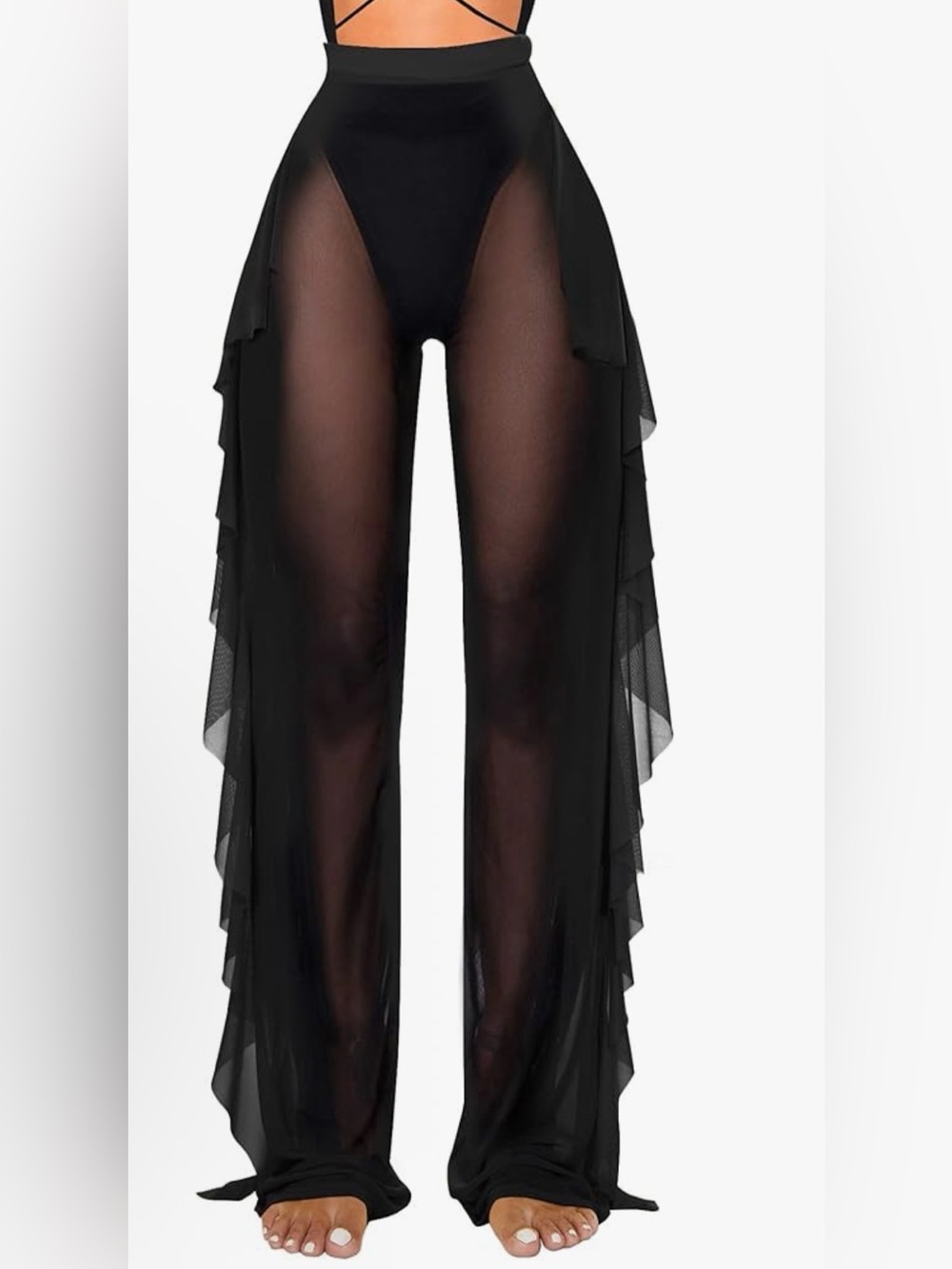Black Sheer Ruffle Swim Coverup Pants